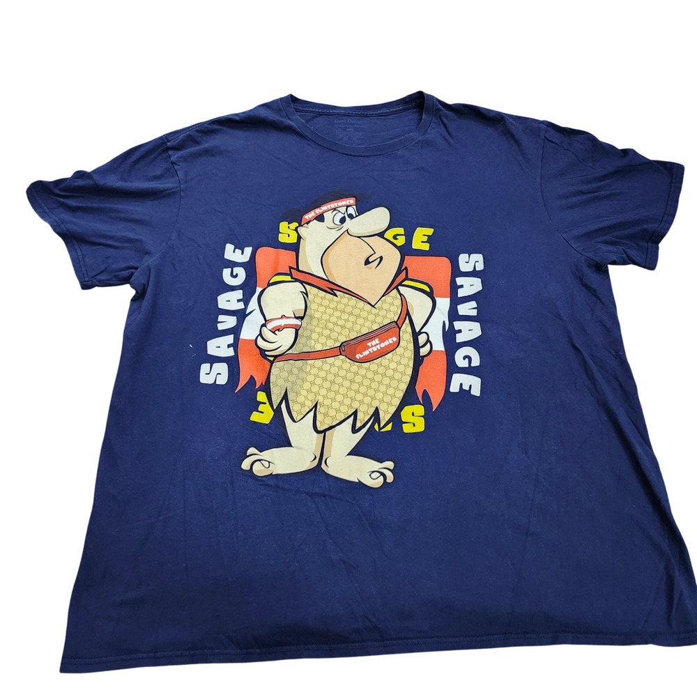 Hanna-Barbera T-Shirt Mens XXL Fred Flintstone Savage Navy Blue Graphic EUC